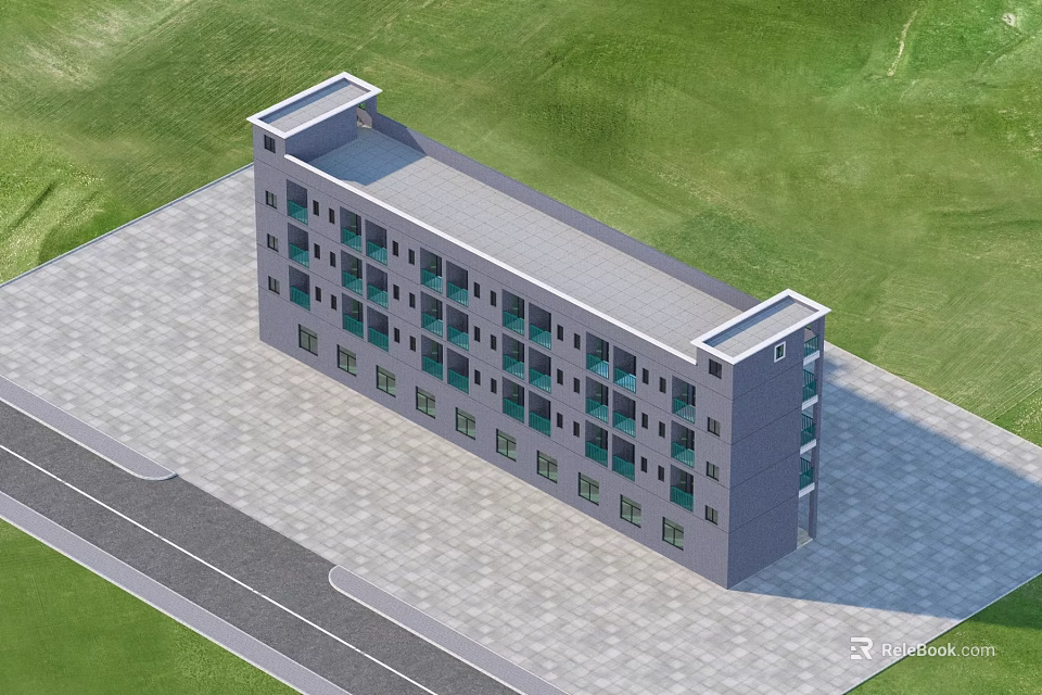 Modern Gray Multistory Residential Building Exterior With Flat Roof Green Lawn And Paved Ground 3d model 
