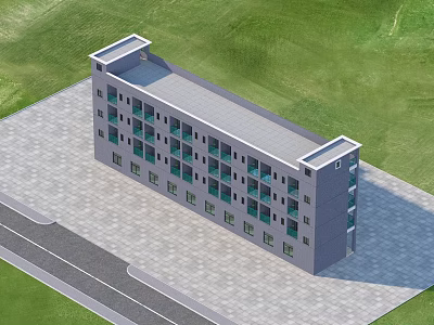 Modern Gray Multistory Residential Building Exterior With Flat Roof Green Lawn And Paved Ground 3d model