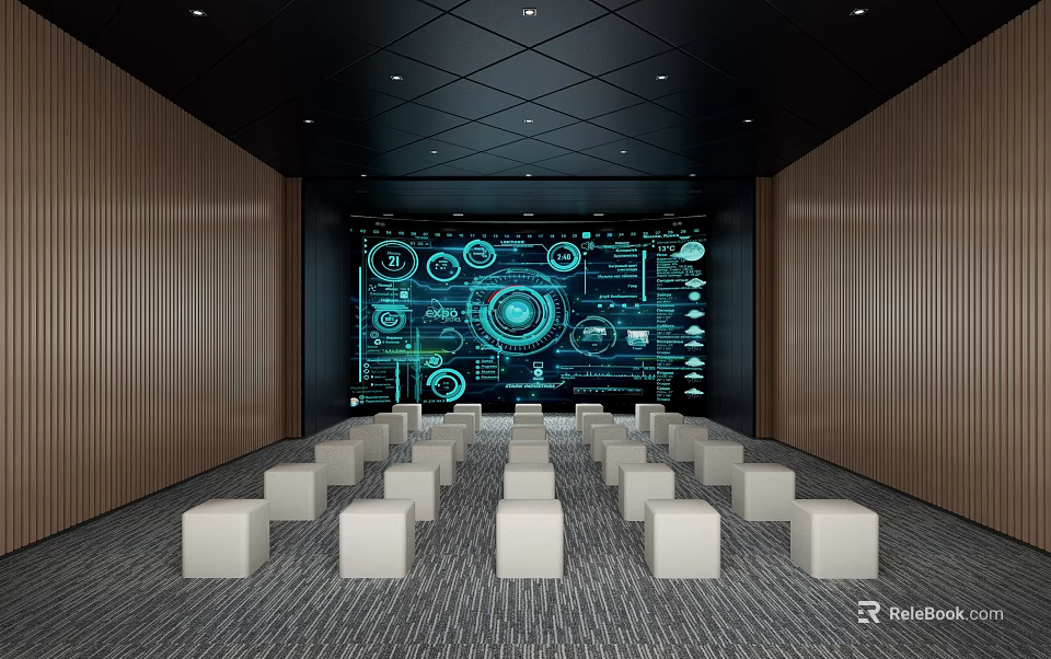 Modern Conference Room With Large Tech Interface Screen And White Cube Seats 3d model 