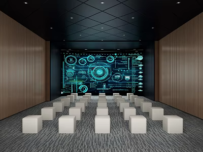 Modern Conference Room With Large Tech Interface Screen And White Cube Seats 3d model