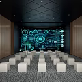Modern Conference Room With Large Tech Interface Screen And White Cube Seats