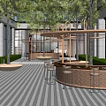 Modern Commercial Landscape With Outdoor Seating Bar Counter And Trees Striped Flooring
