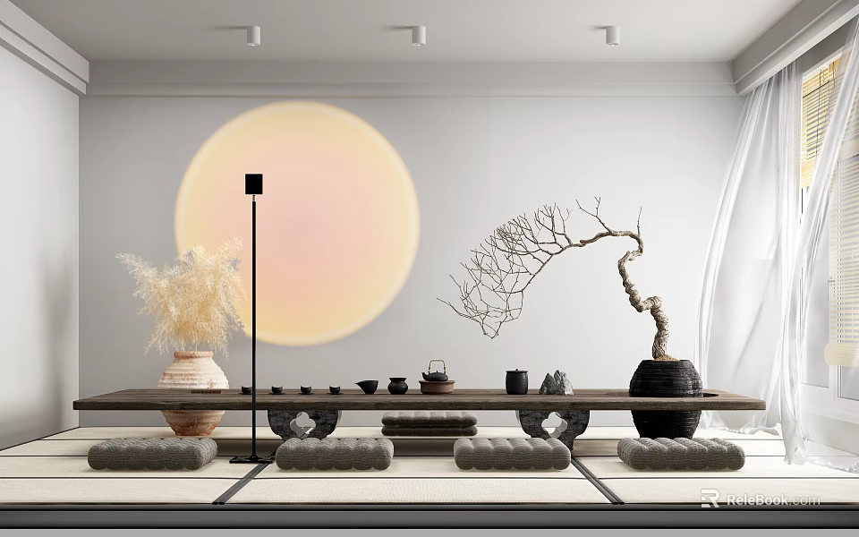 Zen Style Tea Room With Long Table And Minimalist Decor 3d model 
