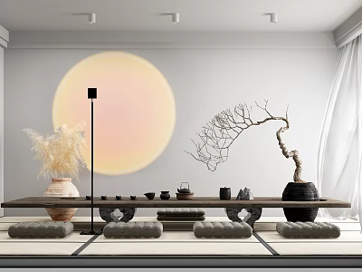 Zen Style Tea Room With Long Table And Minimalist Decor 3d model