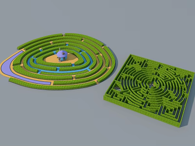 Fun Playground Maze Equipment Circular And Square Designs With Green Plants Blue Paths And Pavilion 3d model