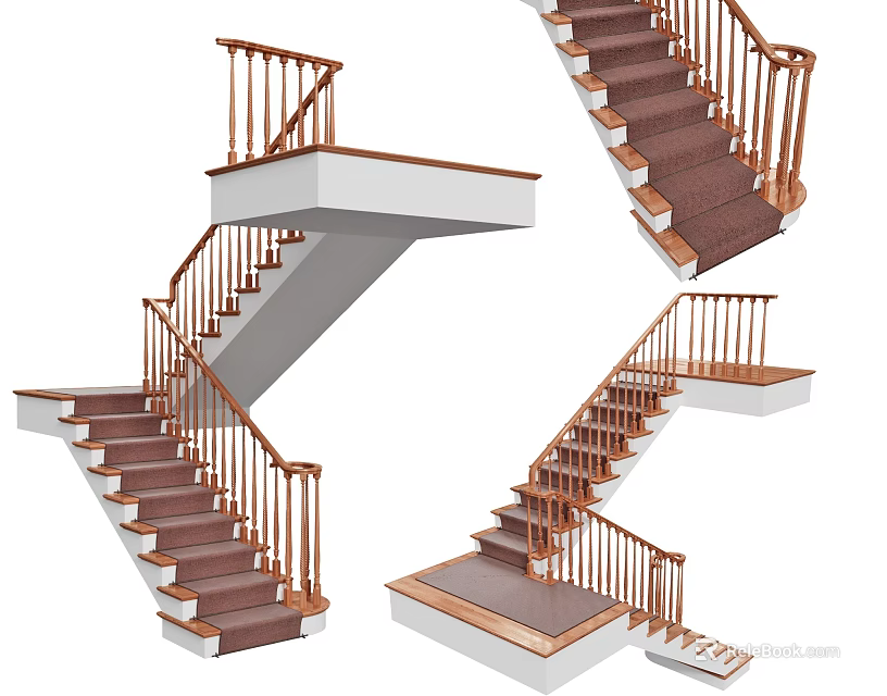 Elegant Modern Home Stairs With Wooden Railings And Carpeted Steps Interior Design 3d model 