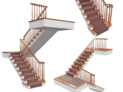 Elegant Modern Home Stairs With Wooden Railings And Carpeted Steps Interior Design 3d model