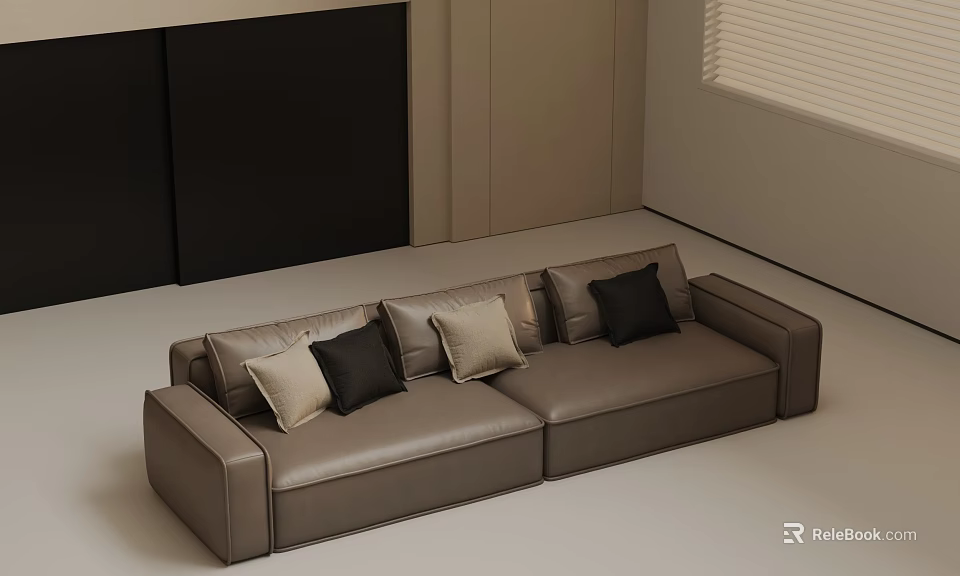 Stylish Three-Seater Leather Sofa with Black and Beige Cushions in Modern Living Room 3d model 
