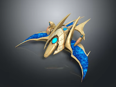 Futuristic Cosmic Spaceship with Golden Body and Blue Wing Structure in Aerospace Design 3d model