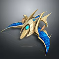 Futuristic Cosmic Spaceship with Golden Body and Blue Wing Structure in Aerospace Design