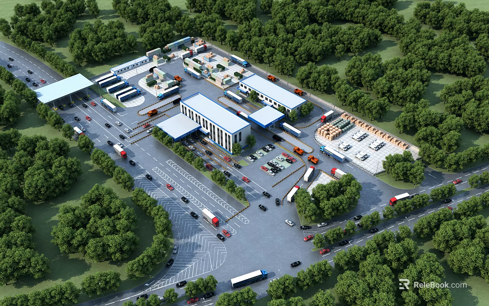 Aerial View of Large Transport Hub With Buildings Parking Lots And Vehicles Among Greenery 3d model 