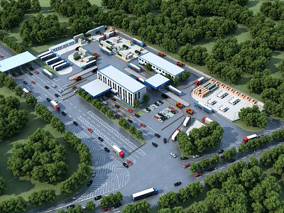 Aerial View of Large Transport Hub With Buildings Parking Lots And Vehicles Among Greenery 3d model