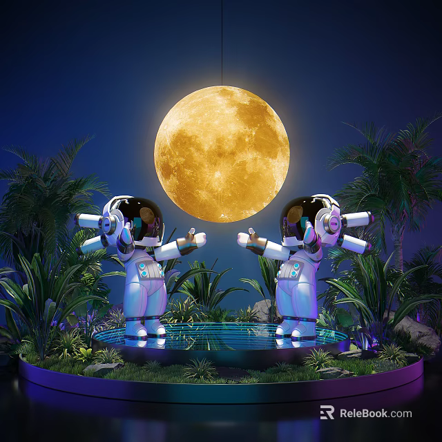Astronauts Standing By Water Pool With Full Moon And Tropical Plants Background 3d model 