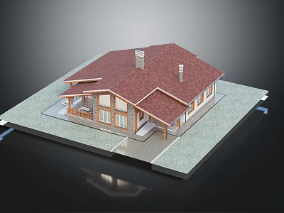Traditional Wooden House Architectural Design With Red Tile Roof Chimneys Front Porch And Large Windows 3d model
