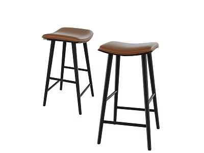 Two Modern Bar Stools With Brown Leather Seats And Black Metal Legs 3d model