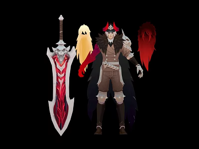 Character with Red Horns and Yellow Ghost Creature near Red White Giant Sword Skull Hilt 3d model