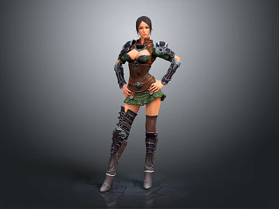 Game Movie Character In Leather Armor With Green Skirt Knee High Boots And Metal Details 3d model