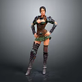 Game Movie Character In Leather Armor With Green Skirt Knee High Boots And Metal Details