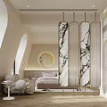 Elegant Bedroom Interior With Arched Window White Bed Plush Chair And Round Mirror