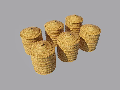 Six Yellow Woven Agricultural Storage Baskets With Lids Stacked Together 3d model