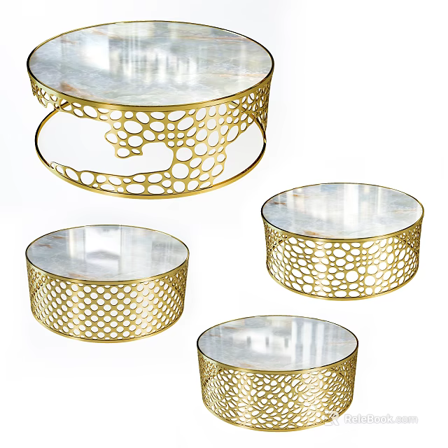 Gold Hollow Design Coffee Table With Glossy Marble Top And Metal Base 3d model 