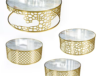 Gold Hollow Design Coffee Table With Glossy Marble Top And Metal Base 3d model