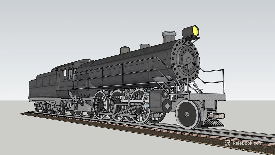 Vintage Black Steam Train with Chimney and Headlight on Railway Tracks 3d model 