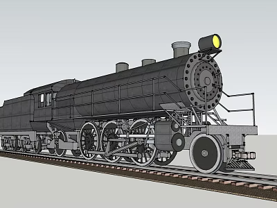 Vintage Black Steam Train with Chimney and Headlight on Railway Tracks 3d model