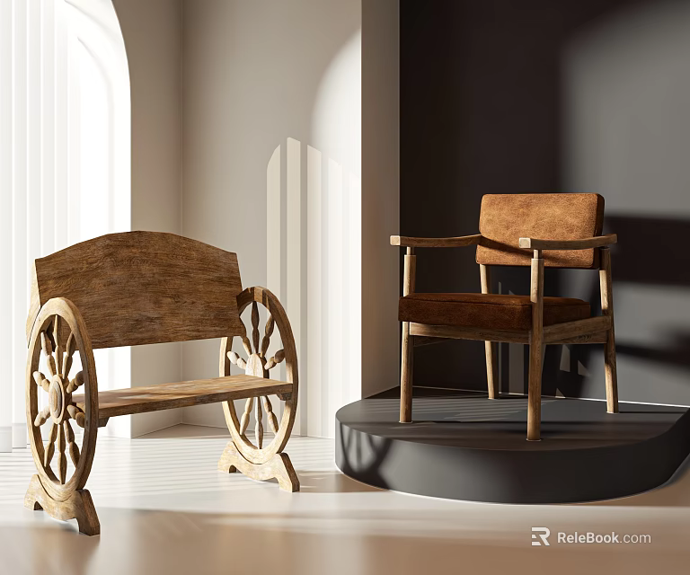 Wooden Leisure Chair With Wheel Bench And Brown Velvet Armchair On Display Stand 3d model 