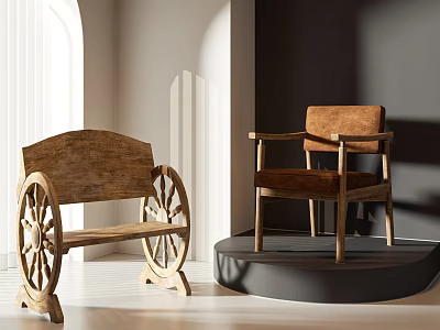 Wooden Leisure Chair With Wheel Bench And Brown Velvet Armchair On Display Stand 3d model