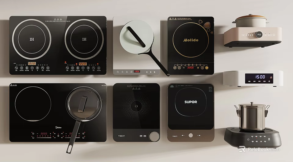 Modern Kitchen Cookware Collection Featuring Induction Cooktops Frying Pans And Coffee Maker 3d model