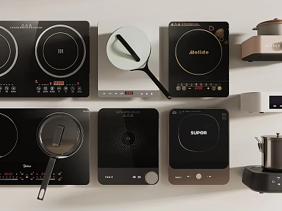 Modern Kitchen Cookware Collection Featuring Induction Cooktops Frying Pans And Coffee Maker 3d model