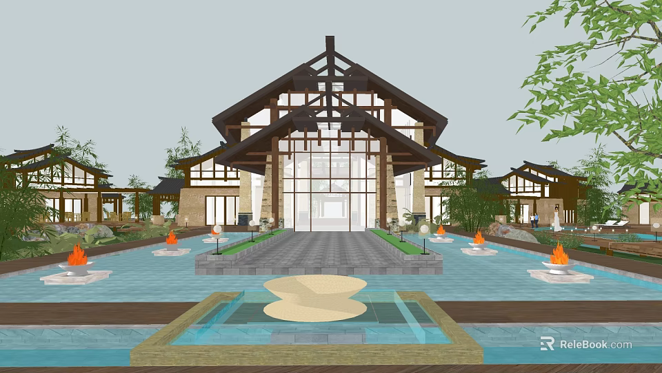 Traditional B&B Building With Front Pool Fountains Green Plants And Large Glass Windows 3d model 