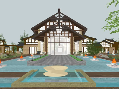 Traditional B&B Building With Front Pool Fountains Green Plants And Large Glass Windows 3d model