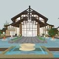 Traditional B&B Building With Front Pool Fountains Green Plants And Large Glass Windows