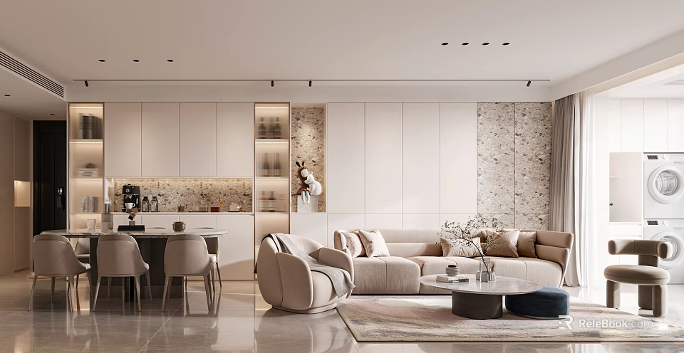 Modern Open Living Dining Room With Beige Sofa Coffee Table And Dining Chairs 3d model