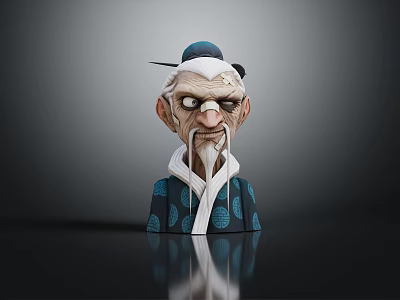 Cartoon Style Elderly Taoist Game Movie Character With White Hair Beard Blue Robe And Scar 3d model