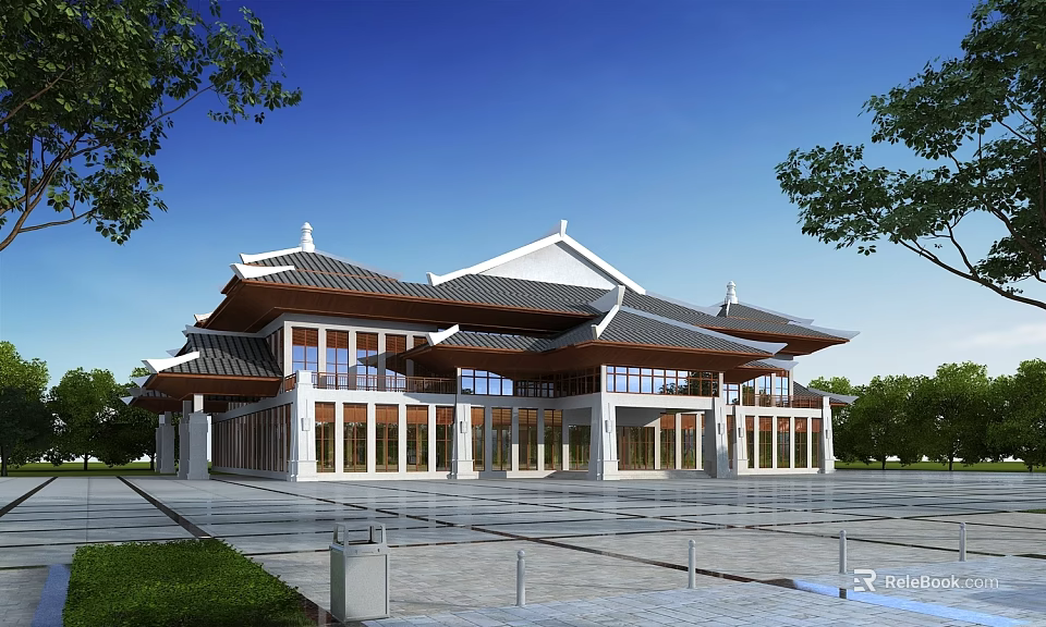 Traditional Chinese Hotel Building With Curved Roof And Spacious Front Plaza 3d model 
