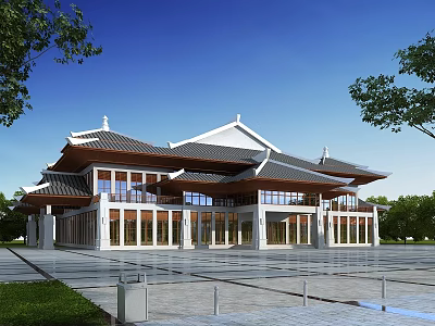 Traditional Chinese Hotel Building With Curved Roof And Spacious Front Plaza 3d model