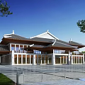 Traditional Chinese Hotel Building With Curved Roof And Spacious Front Plaza