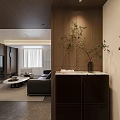 Modern Minimalist Living Dining Room With Dark Wood TV Background And Marble Coffee Tables