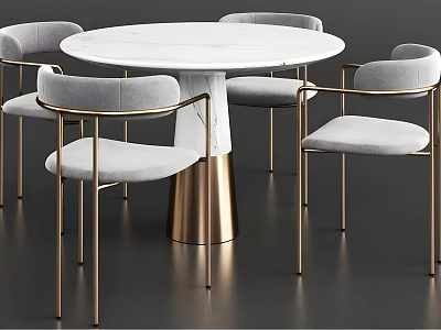 Round White Marble Dining Table Set With Gray Chairs And Gold Legs 3d model