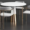 Round White Marble Dining Table Set With Gray Chairs And Gold Legs 3d model