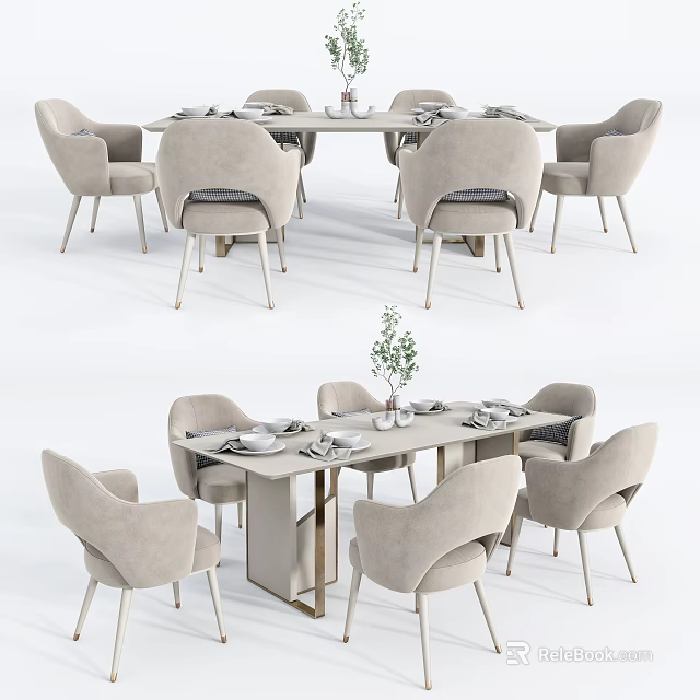 Elegant Dining Table Set With Six Beige Chairs Metal Legs And Tableware 3d model