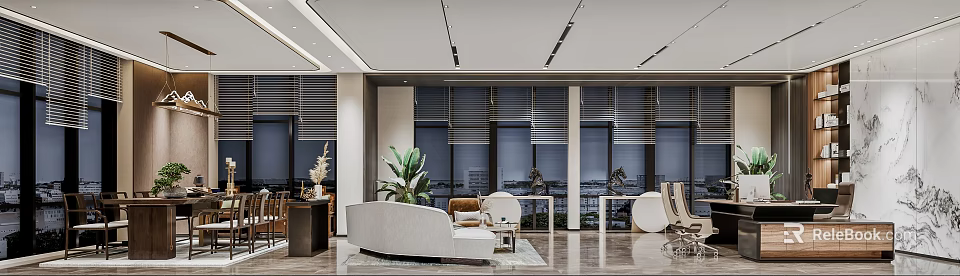 Modern Office Interior With Comfortable Sofa Green Plants And Large Windows 3d model