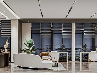 Modern Office Interior With Comfortable Sofa Green Plants And Large Windows 3d model