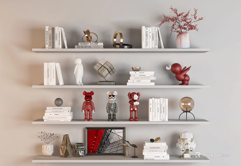 Decorative Ornament Collection with Books Sculptures Vases and Red Figurines on Shelves 3d model 