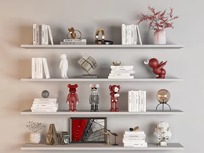 Decorative Ornament Collection with Books Sculptures Vases and Red Figurines on Shelves 3d model