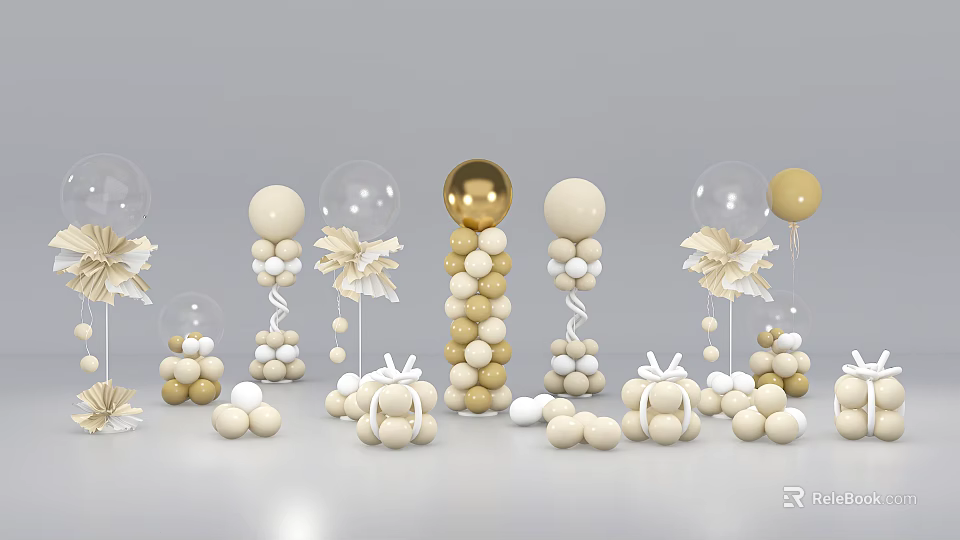 Inflatable Party Decorations With Gold White Balloons Columns And Flower Shaped Accents 3d model 