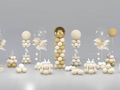 Inflatable Party Decorations With Gold White Balloons Columns And Flower Shaped Accents 3d model